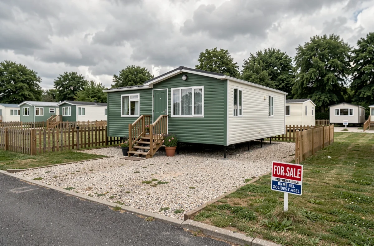Parcelle de terrain avec mobil-home à vendre dans un parc résidentiel, panneau de vente visible