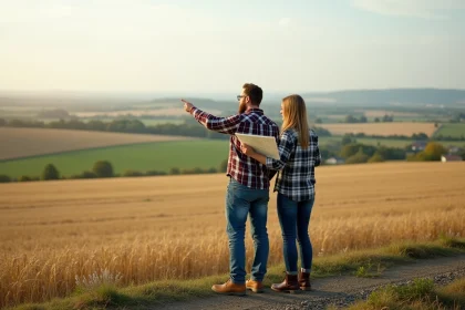 Couple en plein air observant un vaste champ