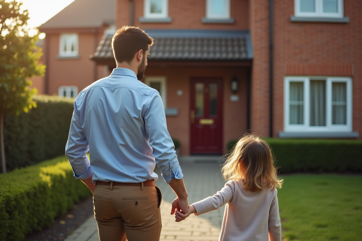Père et fille devant une maison de banlieue