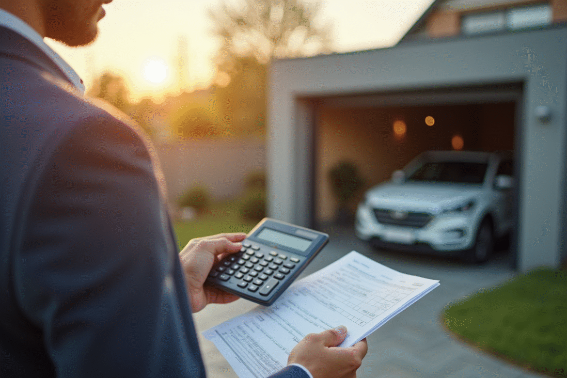 Personne tenant une calculatrice et documents immobiliers devant un garage moderne