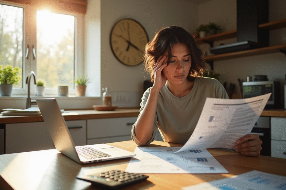 Personne à la maison examine documents financiers dans une cuisine