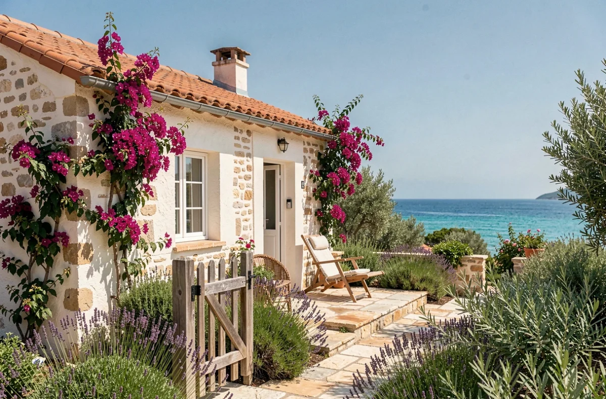 Petite maison en pierre avec jardin fleuri à louer en bord de mer dans les Pyrénées-Orientales 66