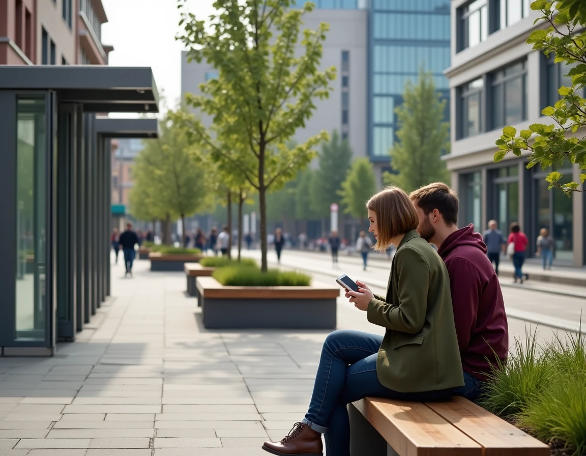 Place publique rénovée à Saint-Étienne avec jeunes actifs et aménagements urbains modernes dans un quartier en développement