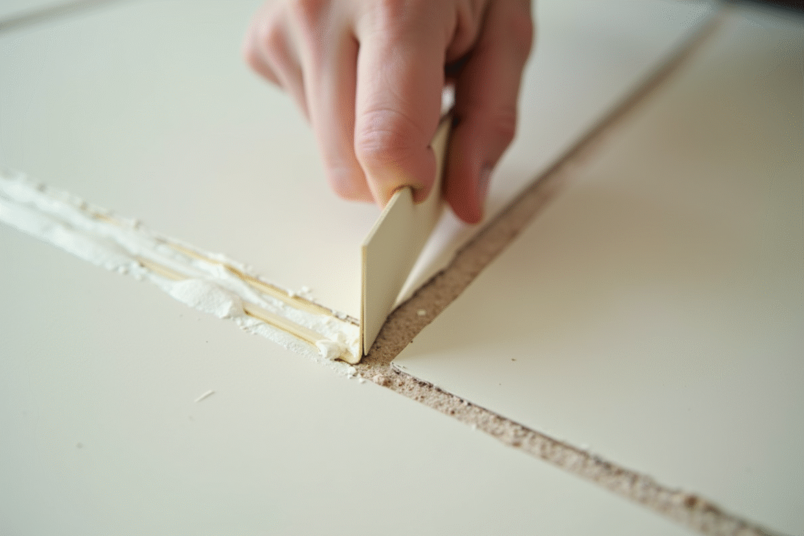 Gros plan d'une main appliquant du ruban de jointoiement sur une plaque de plâtre