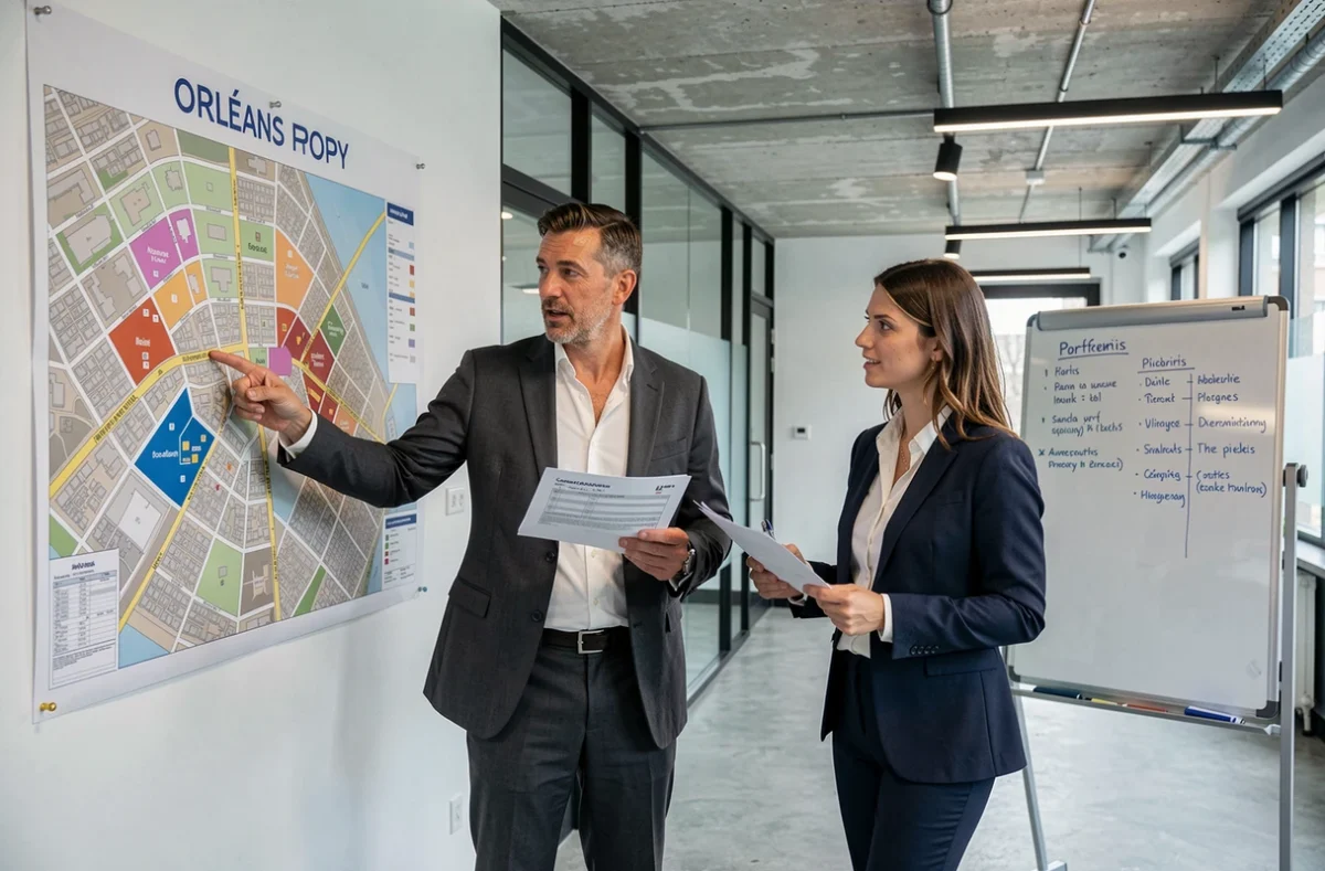 Conseiller Procomm présentant une carte d'Orléans à une cliente pour la gestion locative et l'immobilier d'entreprise