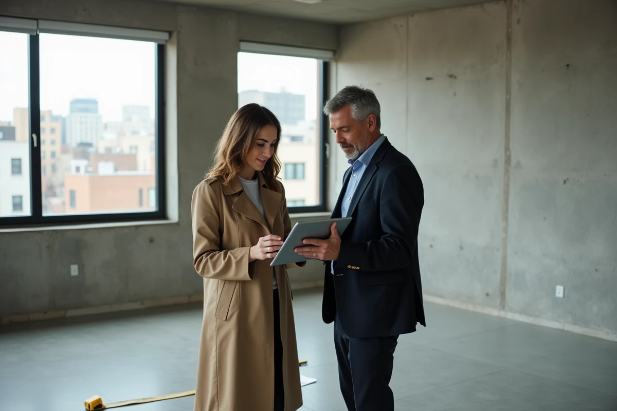Deux professionnels de l'immobilier évaluant un logiciel immobilier dans un appartement vide