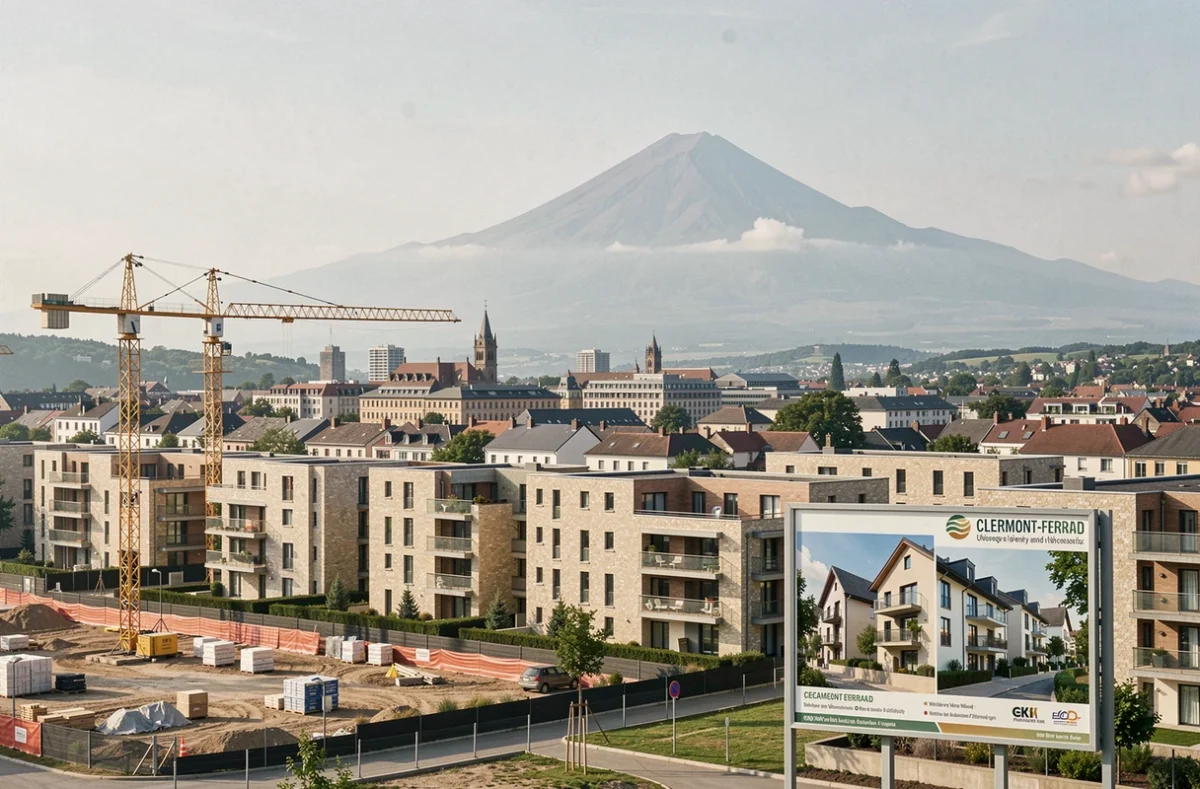 Vue panoramique de Clermont-Ferrand avec le Puy-de-Dôme en arrière-plan et des programmes immobiliers neufs en construction