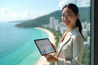 Propriétaire d'un condo en Thaïlande analysant ses revenus locatifs saisonniers sur une tablette depuis un balcon avec vue sur la mer d'Andaman à Phuket