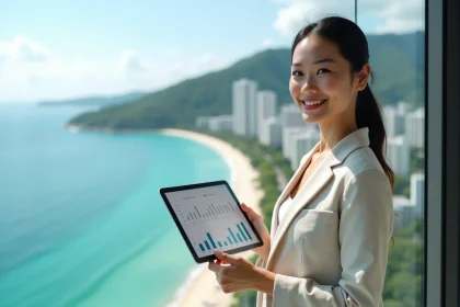 Propriétaire d'un condo en Thaïlande analysant ses revenus locatifs saisonniers sur une tablette depuis un balcon avec vue sur la mer d'Andaman à Phuket