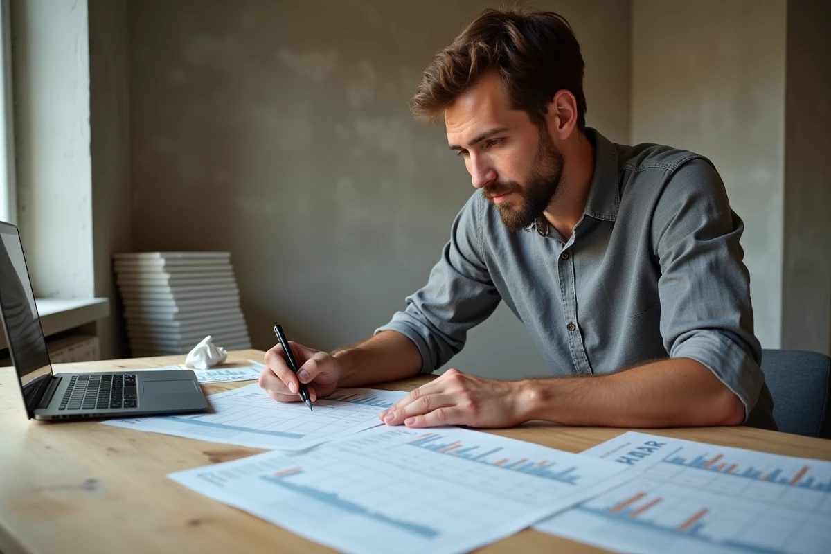 Propriétaire consultant des documents d'estimation de loyer et factures de travaux dans un appartement en rénovation à Lyon