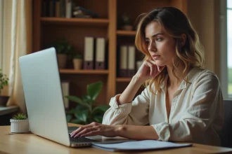 Propriétaire de gîte Gîtes de France assise devant son ordinateur portant face à une page de connexion avec mot de passe oublié