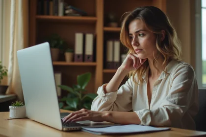 Propriétaire de gîte Gîtes de France assise devant son ordinateur portant face à une page de connexion avec mot de passe oublié