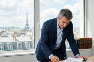 Homme d age en costume bleu examine des documents dans un bureau