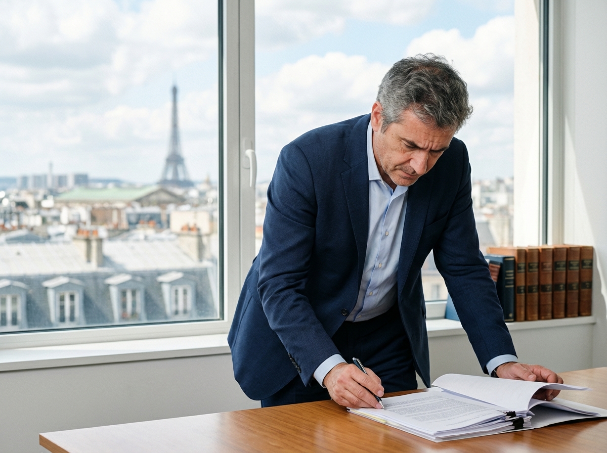 Homme d age en costume bleu examine des documents dans un bureau