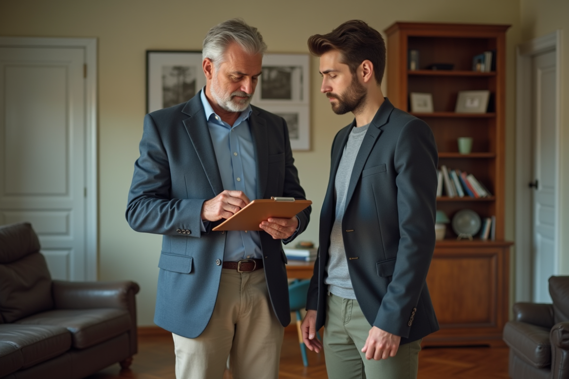 Proprietaire et locataire discutant dans un salon bien entretenu