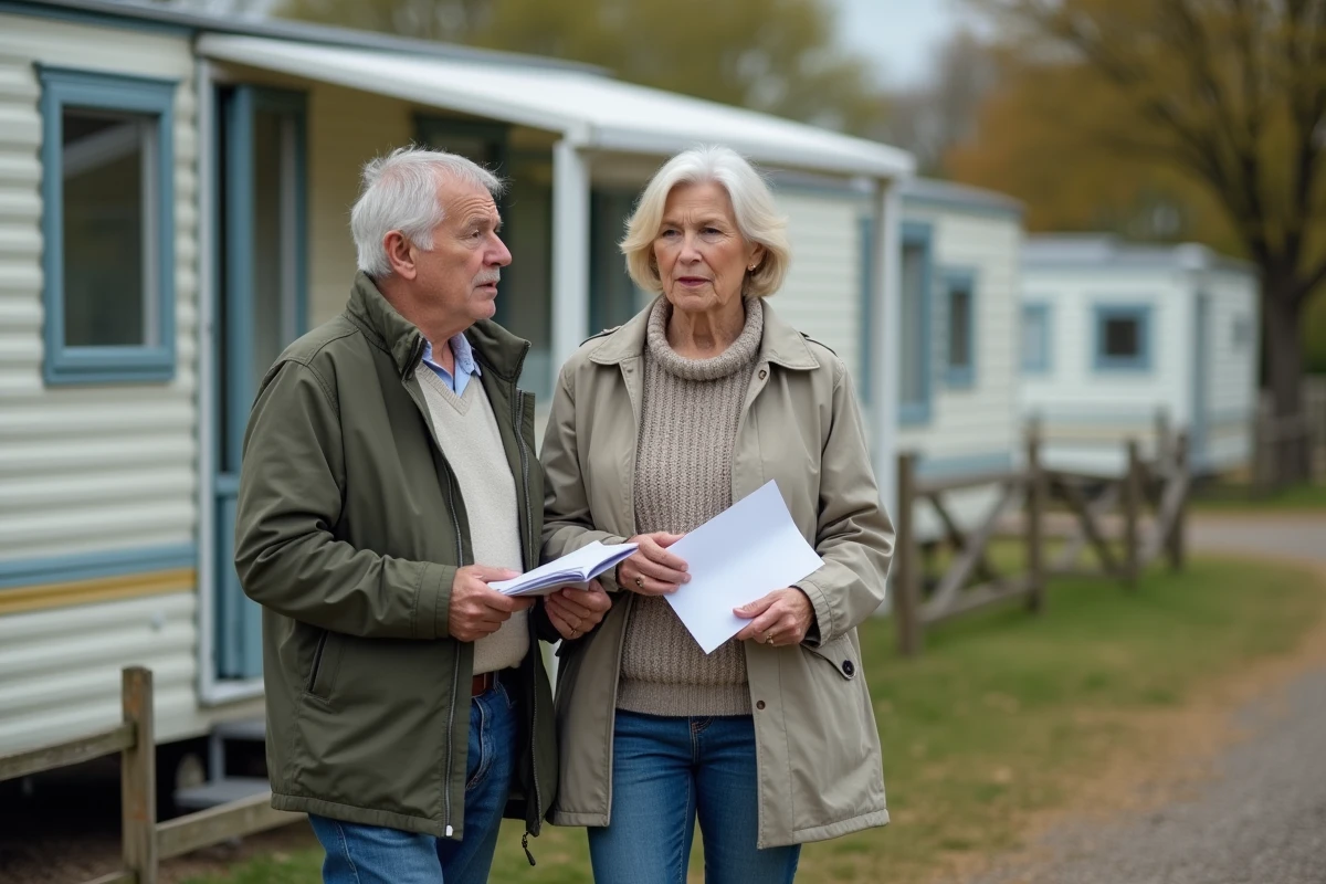 Couple de propriétaires de mobil-home discutant d'un courrier de résiliation d'emplacement de camping
