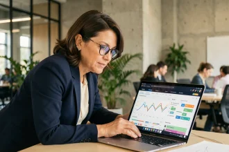 Professionnelle analysant des données de prospection digitale sur un tableau de bord CRM dans un bureau moderne