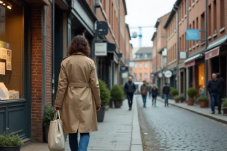 Rue en rénovation dans un quartier en devenir de Saint-Étienne avec des façades industrielles restaurées et une femme observant une vitrine immobilière