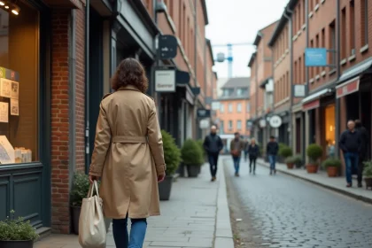 Rue en rénovation dans un quartier en devenir de Saint-Étienne avec des façades industrielles restaurées et une femme observant une vitrine immobilière
