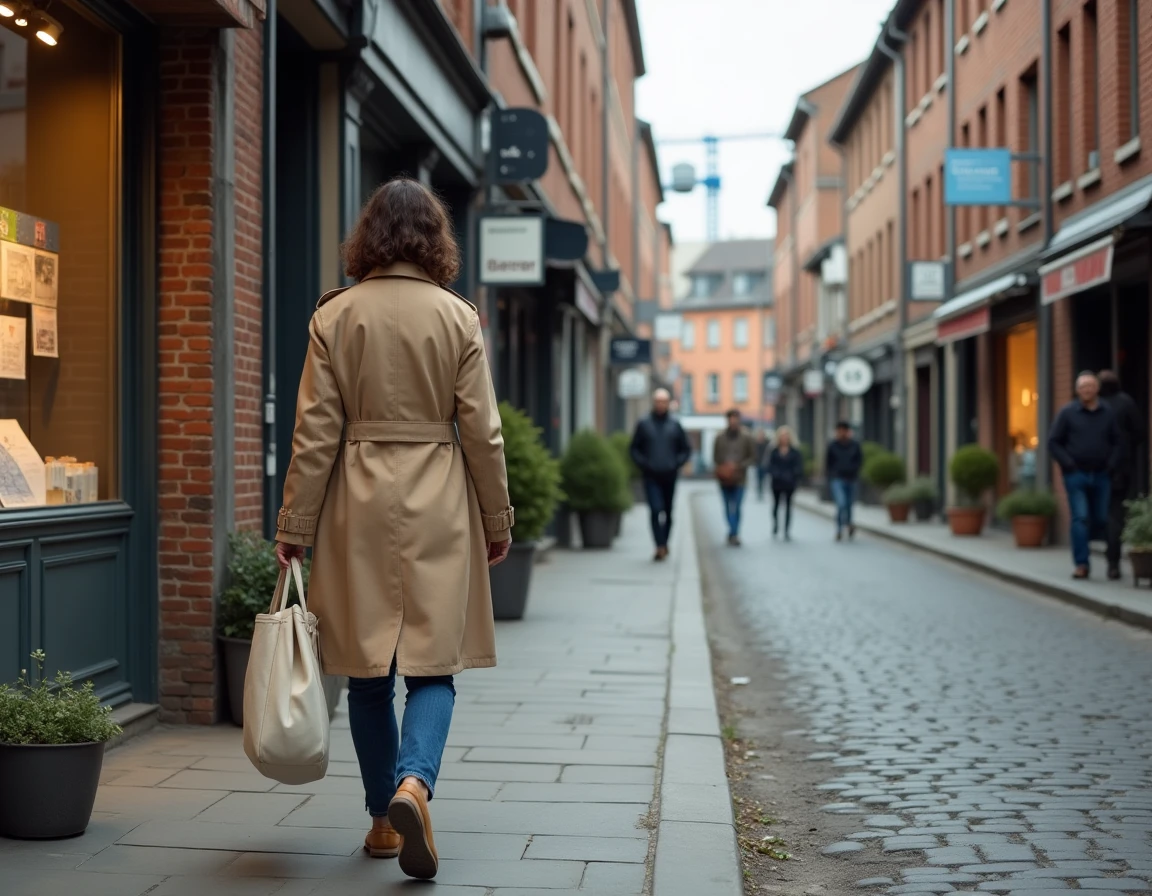 Rue en rénovation dans un quartier en devenir de Saint-Étienne avec des façades industrielles restaurées et une femme observant une vitrine immobilière