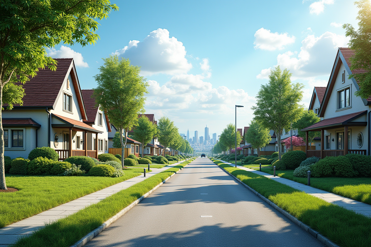 Quartier résidentiel en banlieue avec maisons et skyline en fond