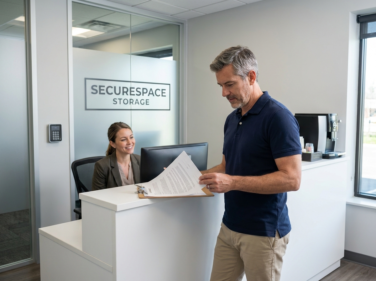 Client signant un contrat dans la réception d'un garde-meuble professionnel à Lille