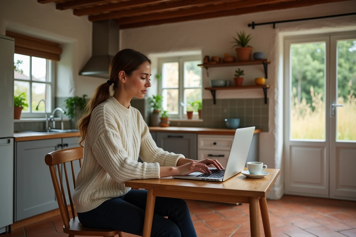 Jeune femme recherchant une location maison de campagne pas chère entre particuliers sur ordinateur portable