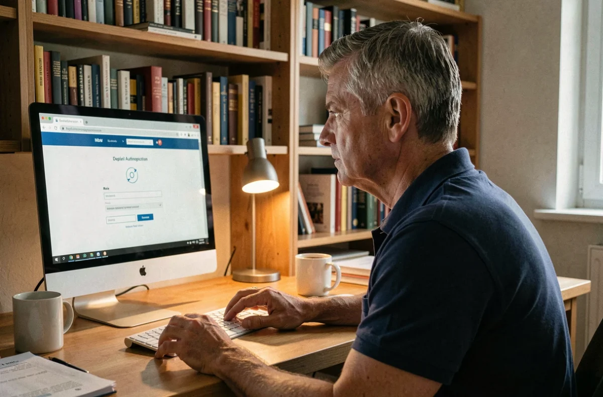 Homme travaillant depuis son bureau à domicile essayant de réinitialiser son mot de passe sur un portail web professionnel