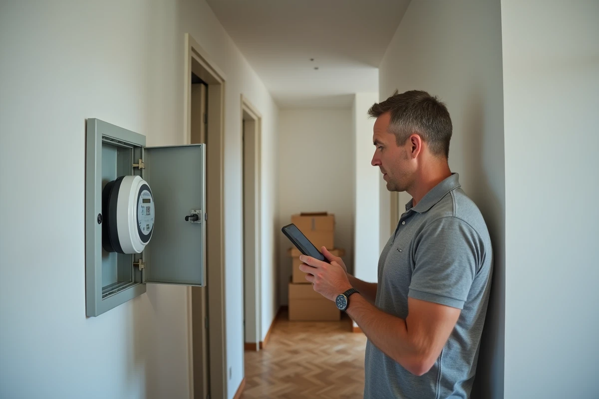 Homme relevant le compteur électrique EDF lors d'une reprise de contrat dans un appartement vide