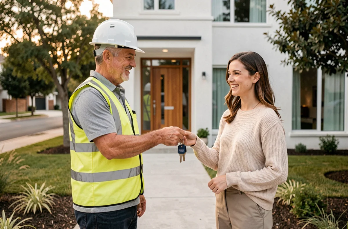 Entrepreneur remettant les clés d'une maison neuve à une propriétaire souriante devant l'entrée de sa nouvelle construction