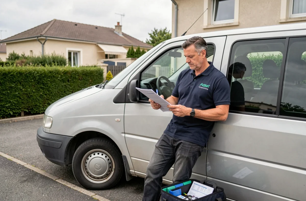 Diagnostiqueur immobilier indépendant devant son véhicule professionnel dans une allée résidentielle