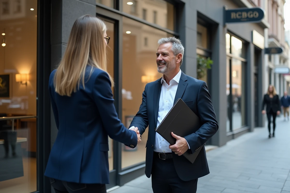Homme en costume serré serrant la main d'une femme souriante devant une agence immobiliere