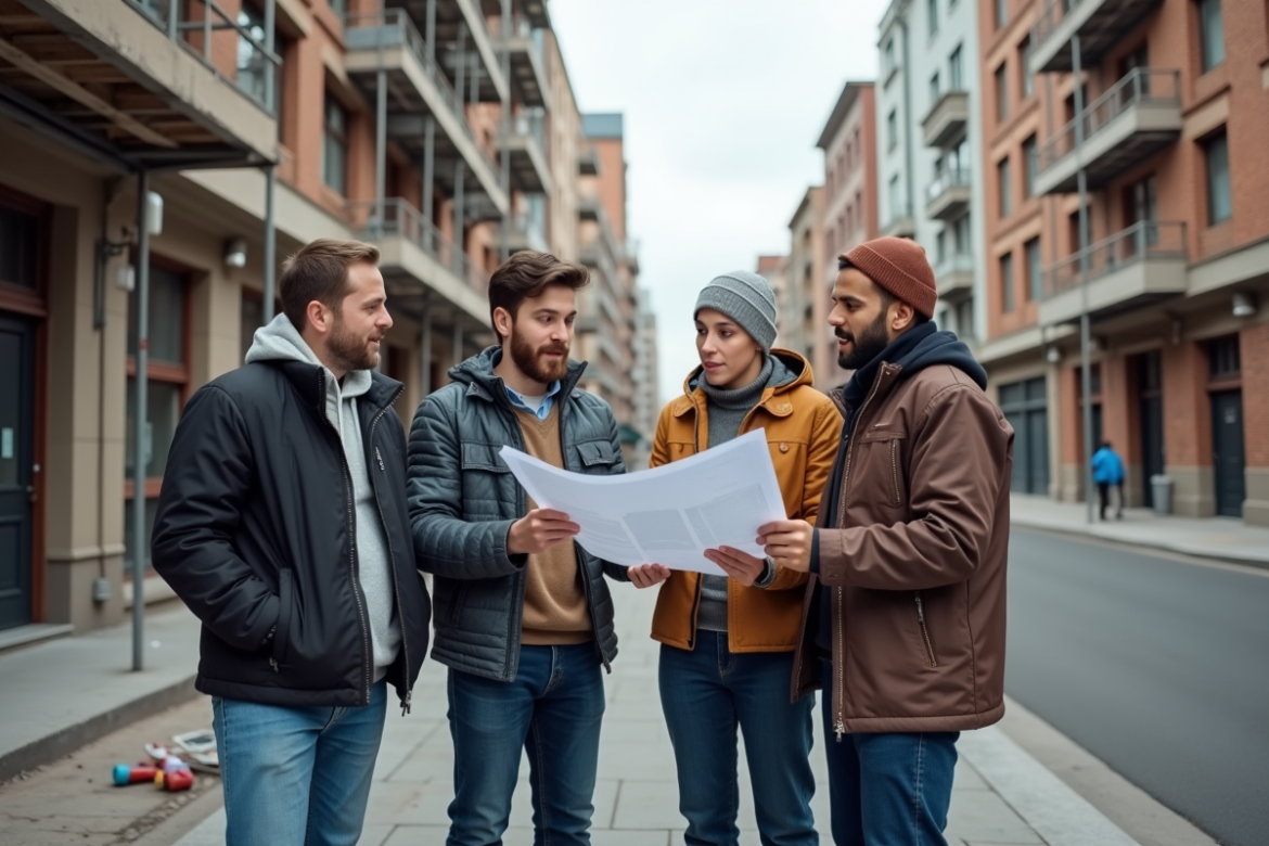 Groupe d adultes examinant des plans de renovation urbaine