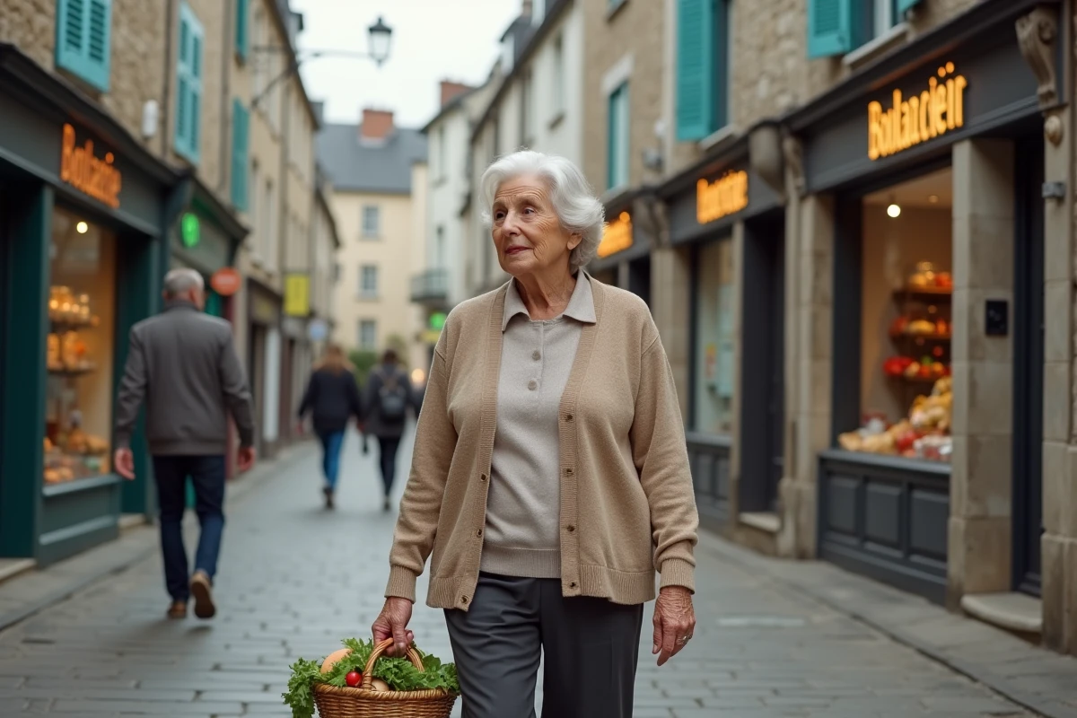 Femme retraitée faisant ses courses dans les rues commerçantes de Concarneau près de son appartement