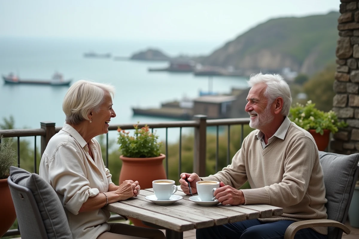 Couple de retraités prenant un café sur le balcon d'un appartement avec vue sur le port de Concarneau