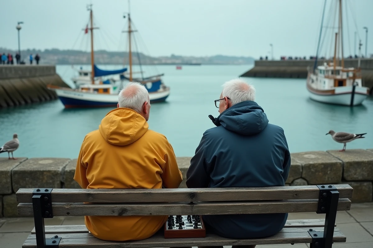 Deux retraités jouant aux échecs sur la promenade du bord de mer à Concarneau