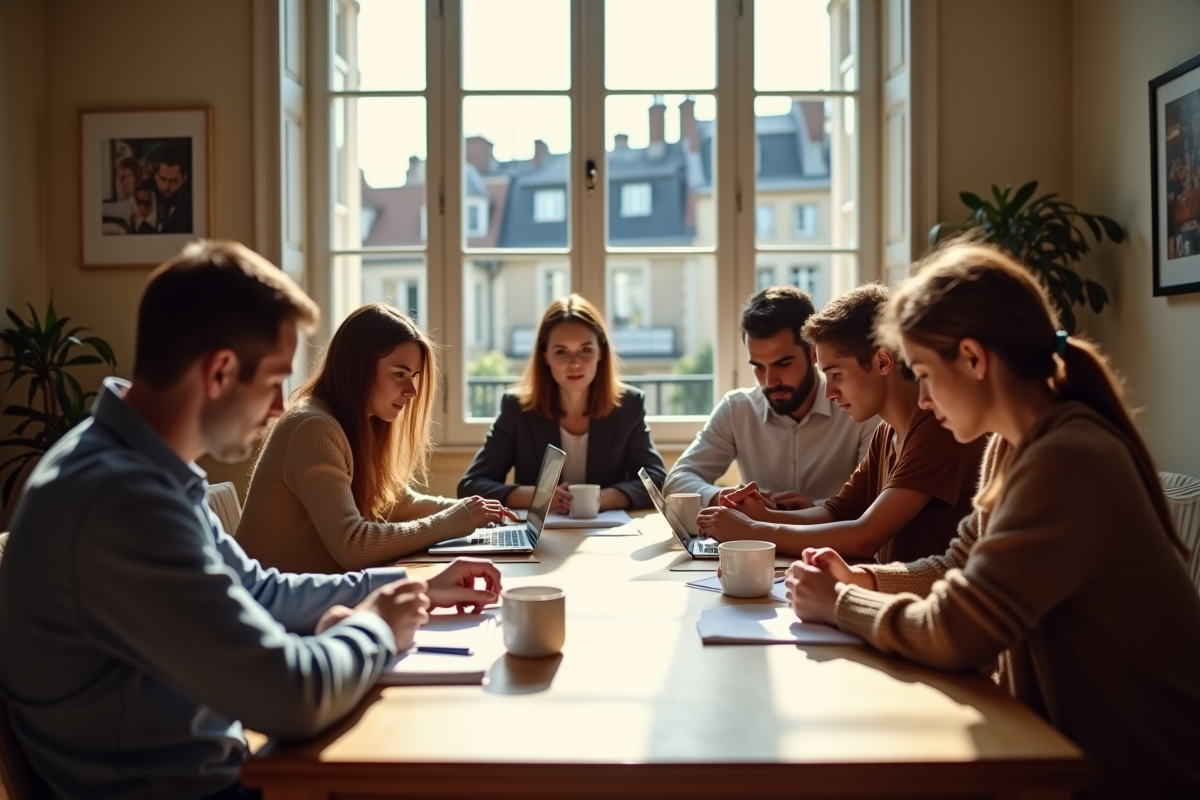 Groupe discutant de documents dans un salon lumineux à Paris