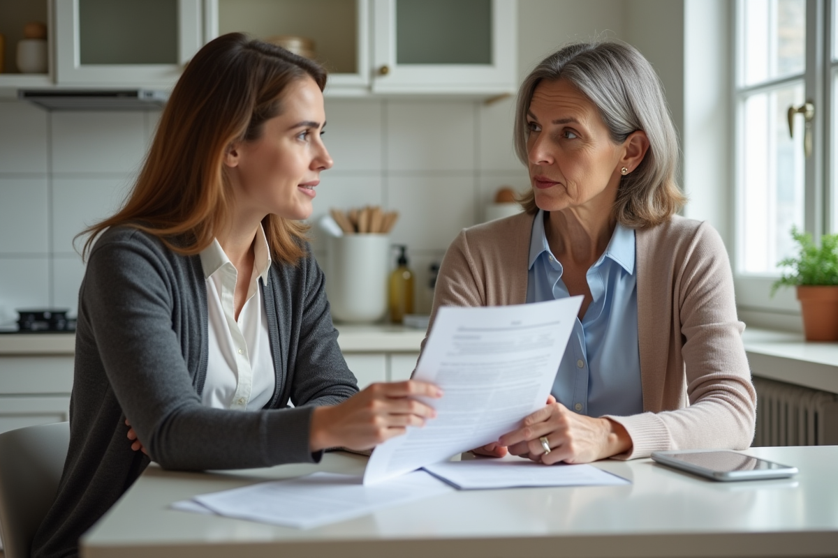 Locataire et propriétaire parlant de documents dans la cuisine