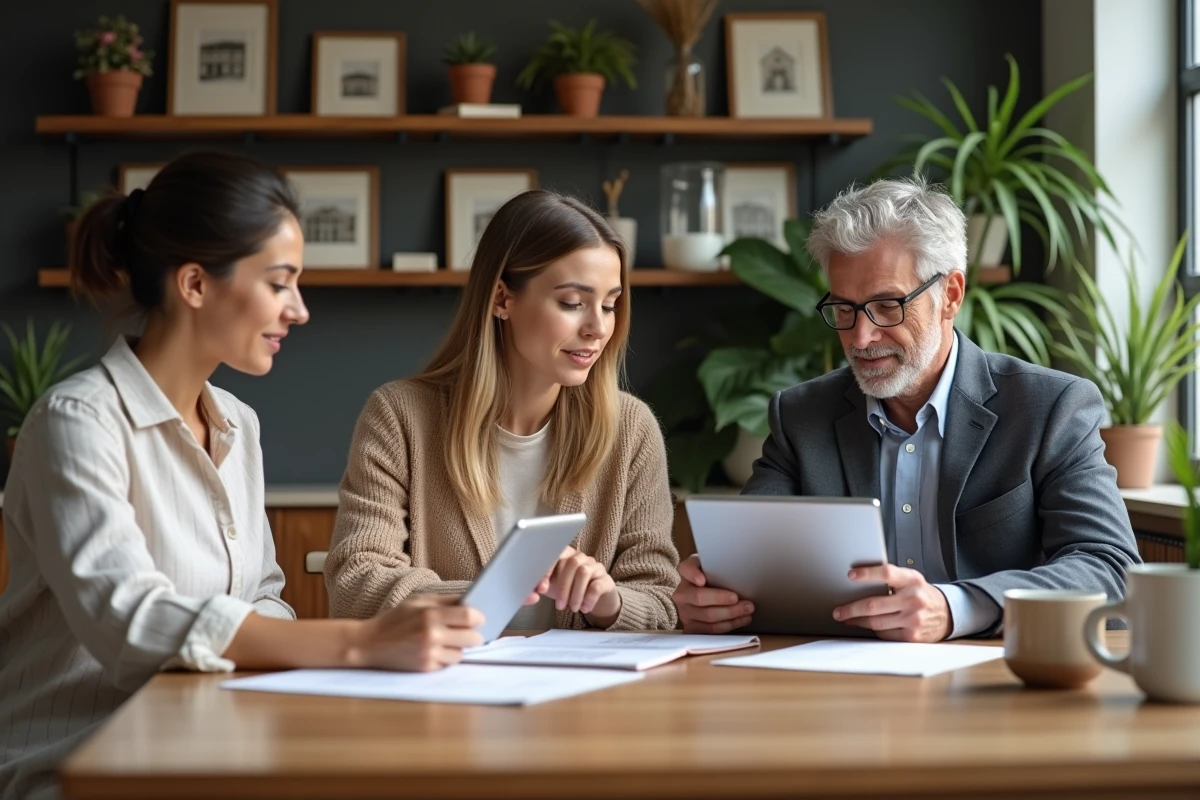 Groupe de trois personnes discutant de documents immobiliers dans un bureau chaleureux