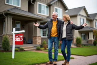 Couple souriant devant une maison vendue aux enchères