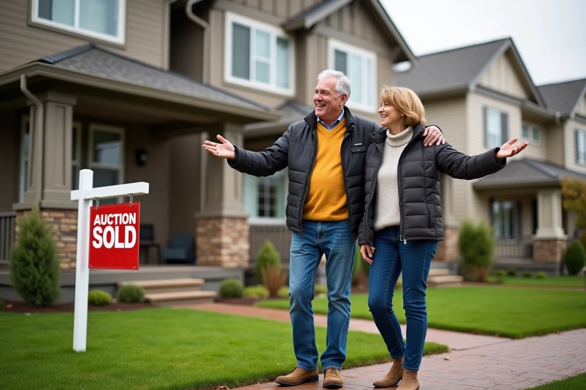 Couple souriant devant une maison vendue aux enchères