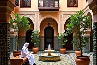 Patio intérieur d'un riad traditionnel à Marrakech avec fontaine en zellige et décoration marocaine authentique, idéal pour investissement locatif saisonnier