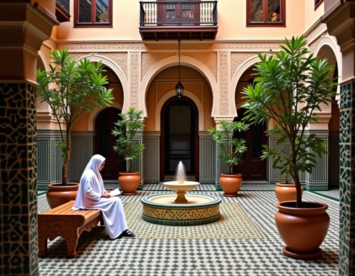 Patio intérieur d'un riad traditionnel à Marrakech avec fontaine en zellige et décoration marocaine authentique, idéal pour investissement locatif saisonnier