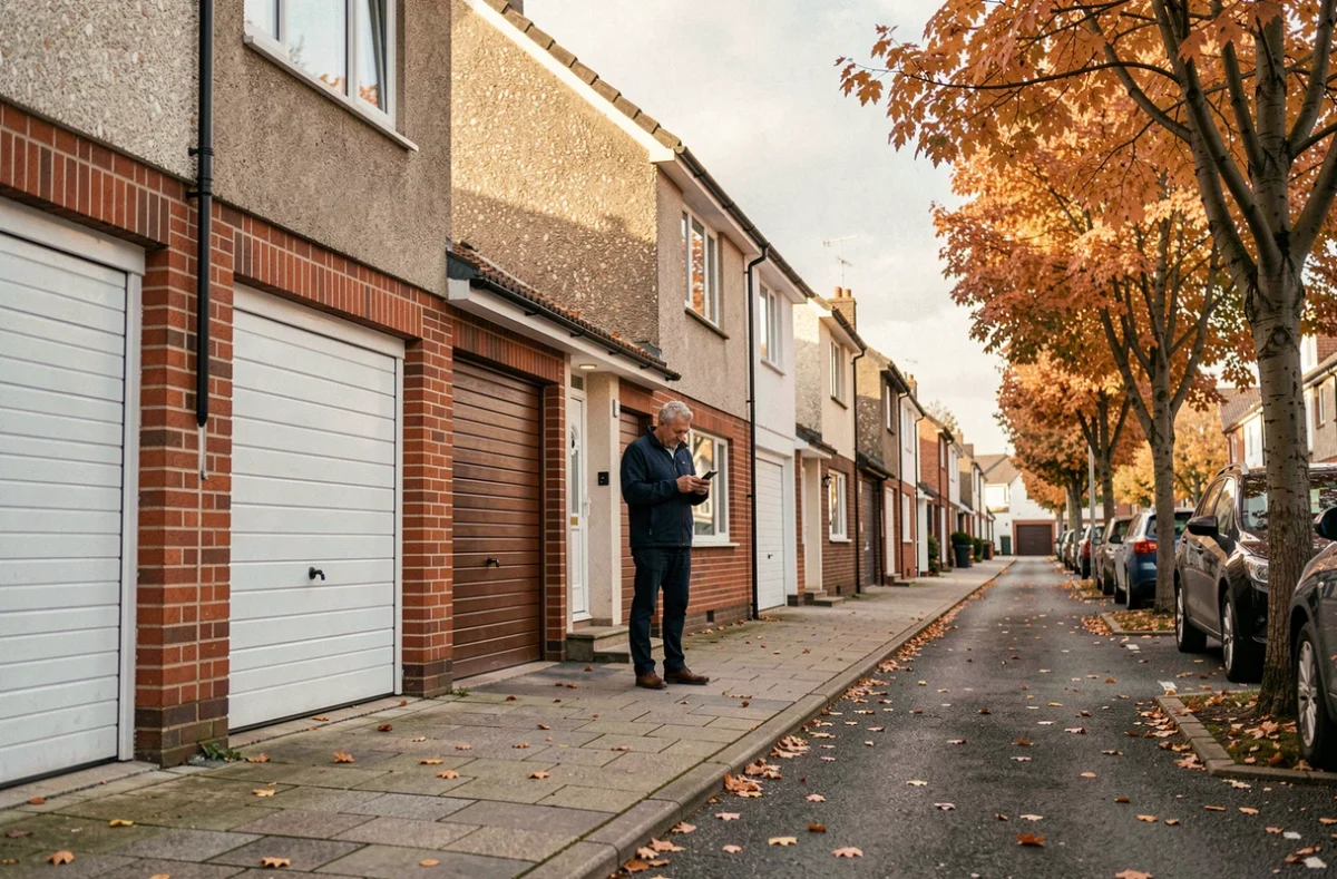 Rue résidentielle de maisons mitoyennes avec garages intégrés en automne