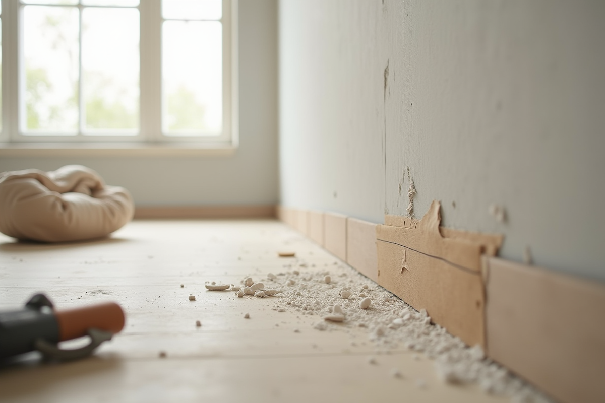 Espace de rénovation maison avec joint de placo fini et outils visibles