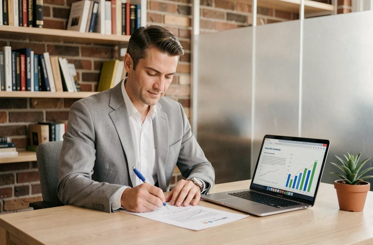 Investisseur signant un contrat d'investissement immobilier responsable conforme aux critères RSE dans un bureau épuré
