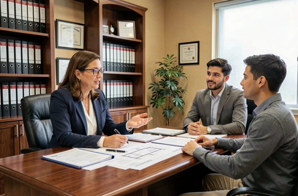 Notaire expliquant les documents officiels à un couple lors de la signature d'un contrat pour l'achat d'une maison neuve