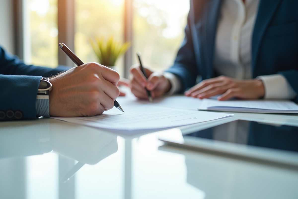 Gros plan sur des mains signant un contrat de prêt dans un bureau lumineux