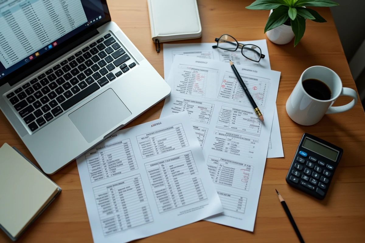 Vue aérienne d'un bureau avec un simulateur viager Excel ouvert sur ordinateur portable, entouré de calculs manuscrits et d'une calculatrice