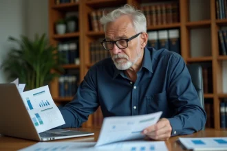 Un homme de 55 ans analyse un simulateur viager sur Excel dans son bureau à domicile, entouré de documents immobiliers